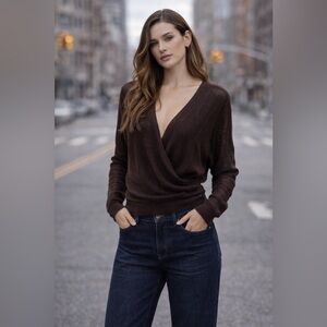 Vintage Crochet Knit Chado Chocolate Brown Glitter Sparkle Dolman Wrap Sweater